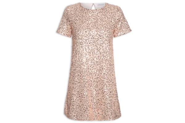 Vestido Curto Com Manga Curta Em Paetê - Rosa