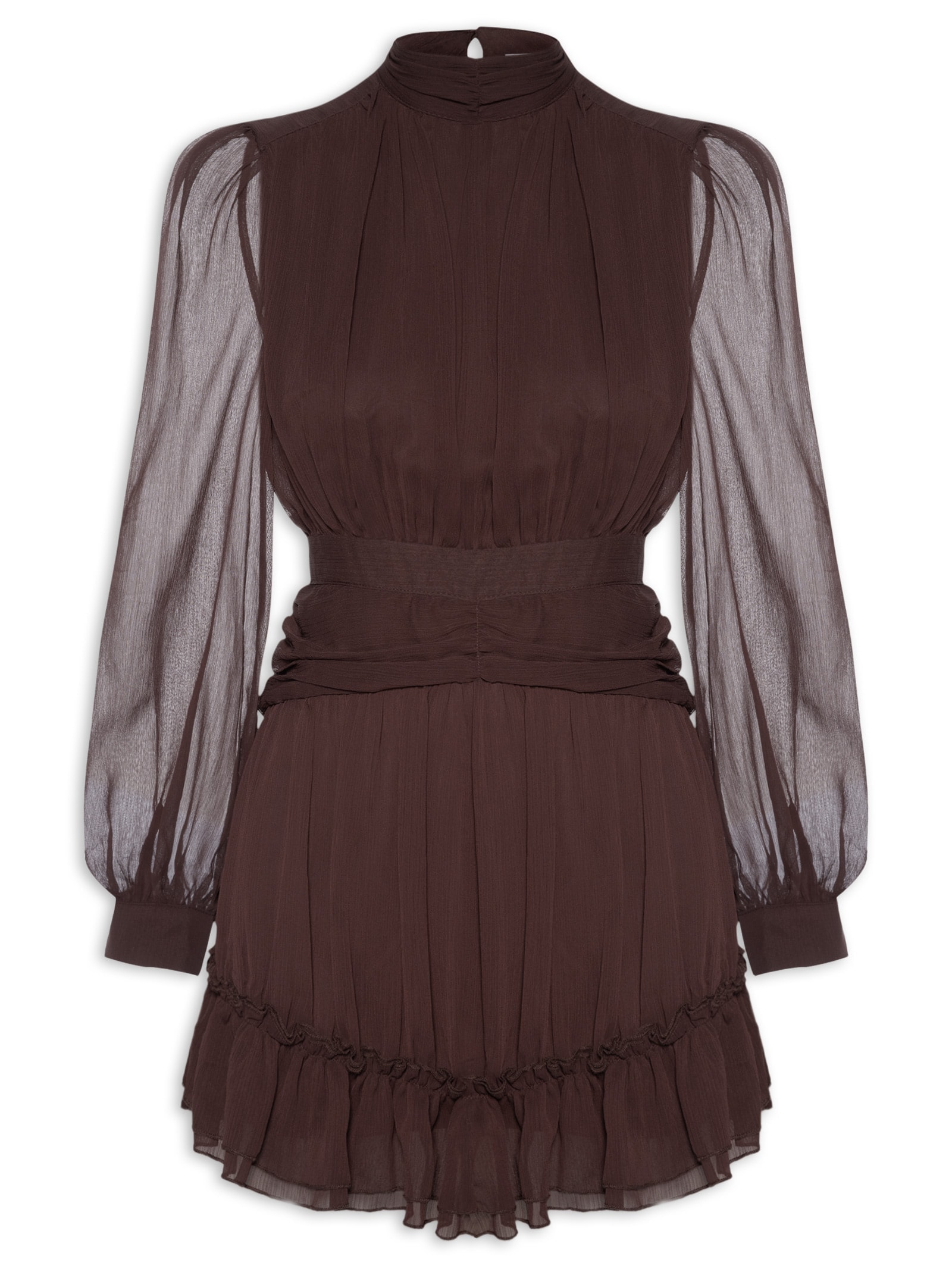 Vestido Curto Com Manga Longa Marrom Market 33