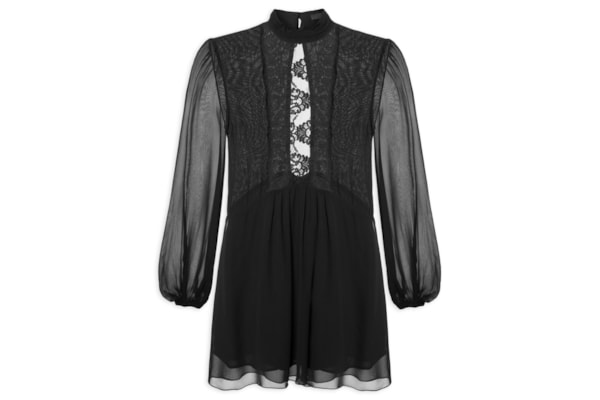 Vestido Curto Com Renda - Preto