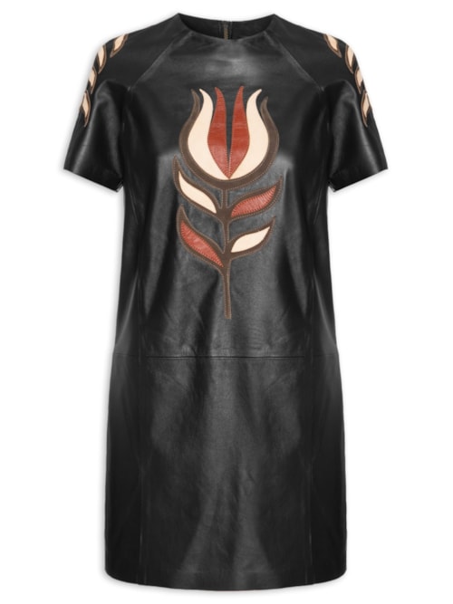 Vestido Curto de Couro Flor – Preto