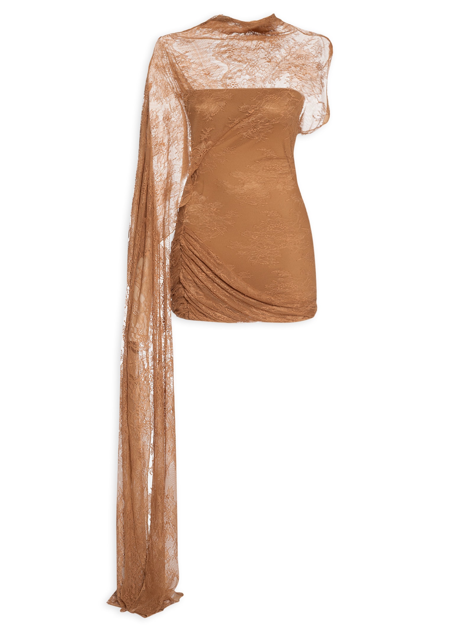 Vestido Curto De Renda Assimétrico Marrom My Favorite