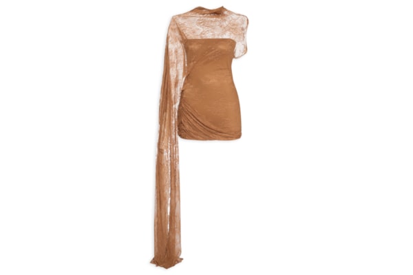 Vestido Curto De Renda Assimétrico - Marrom