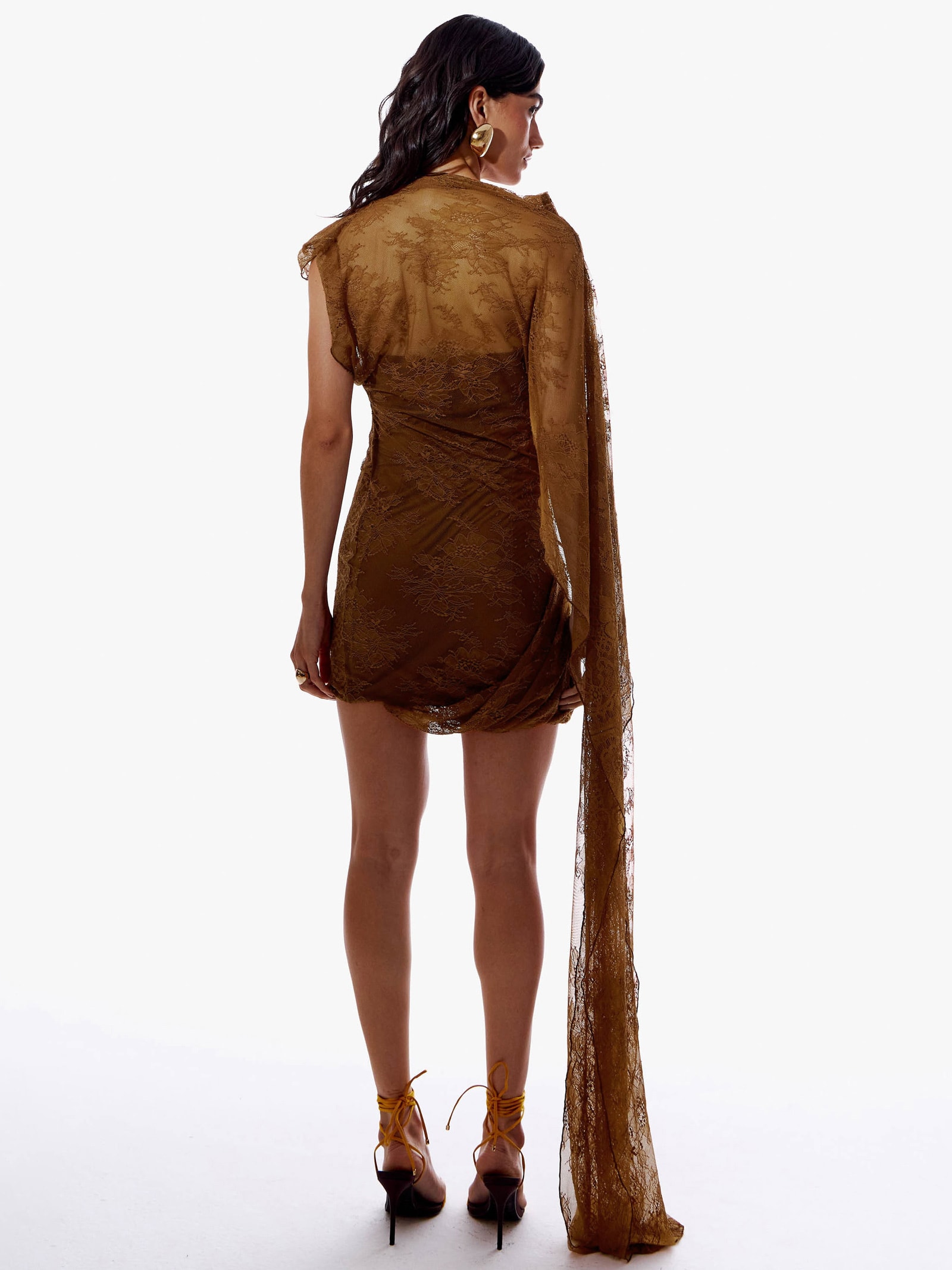 Vestido Curto De Renda Assimétrico Marrom My Favorite