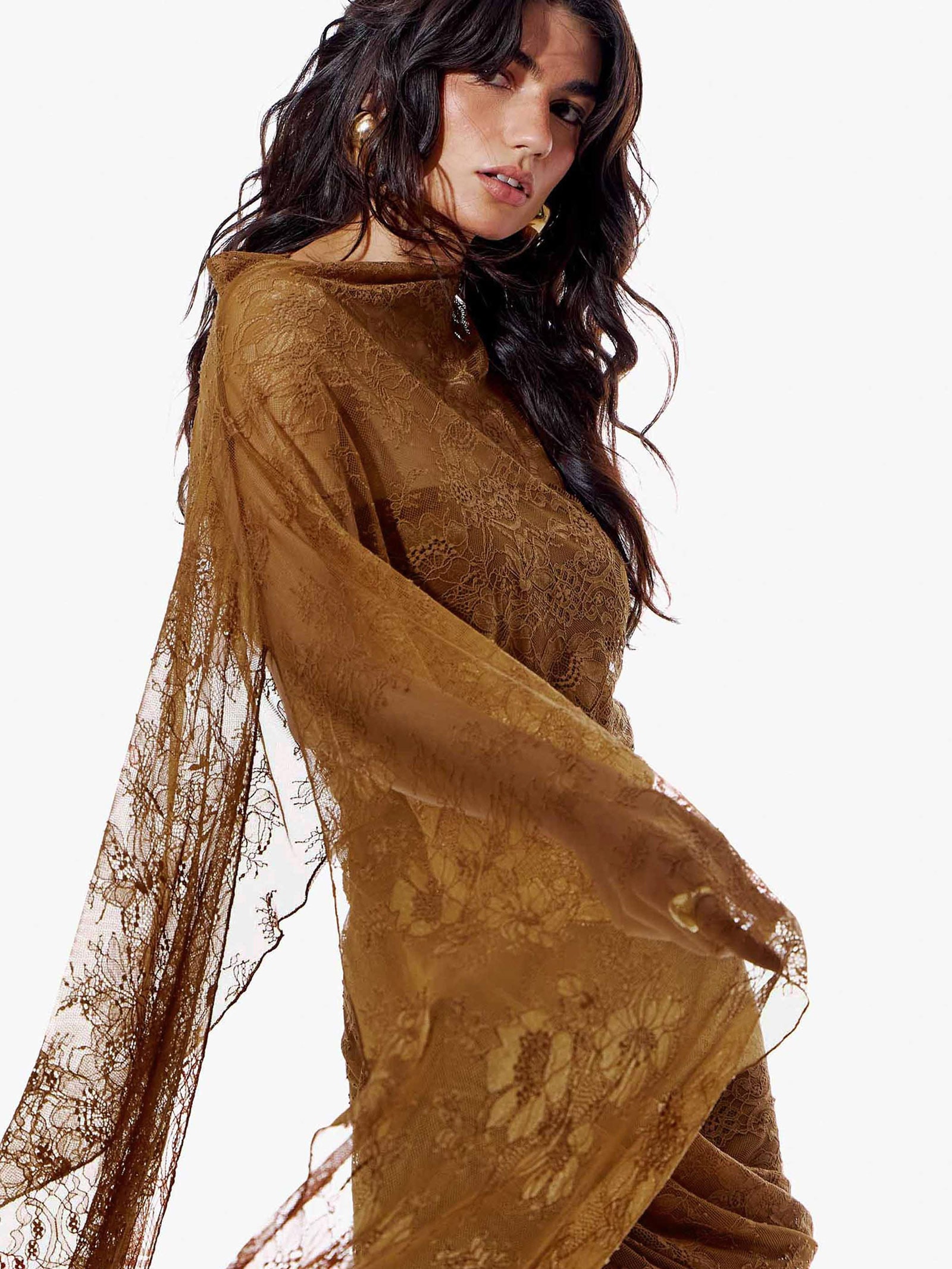 Vestido Curto De Renda Assimétrico Marrom My Favorite