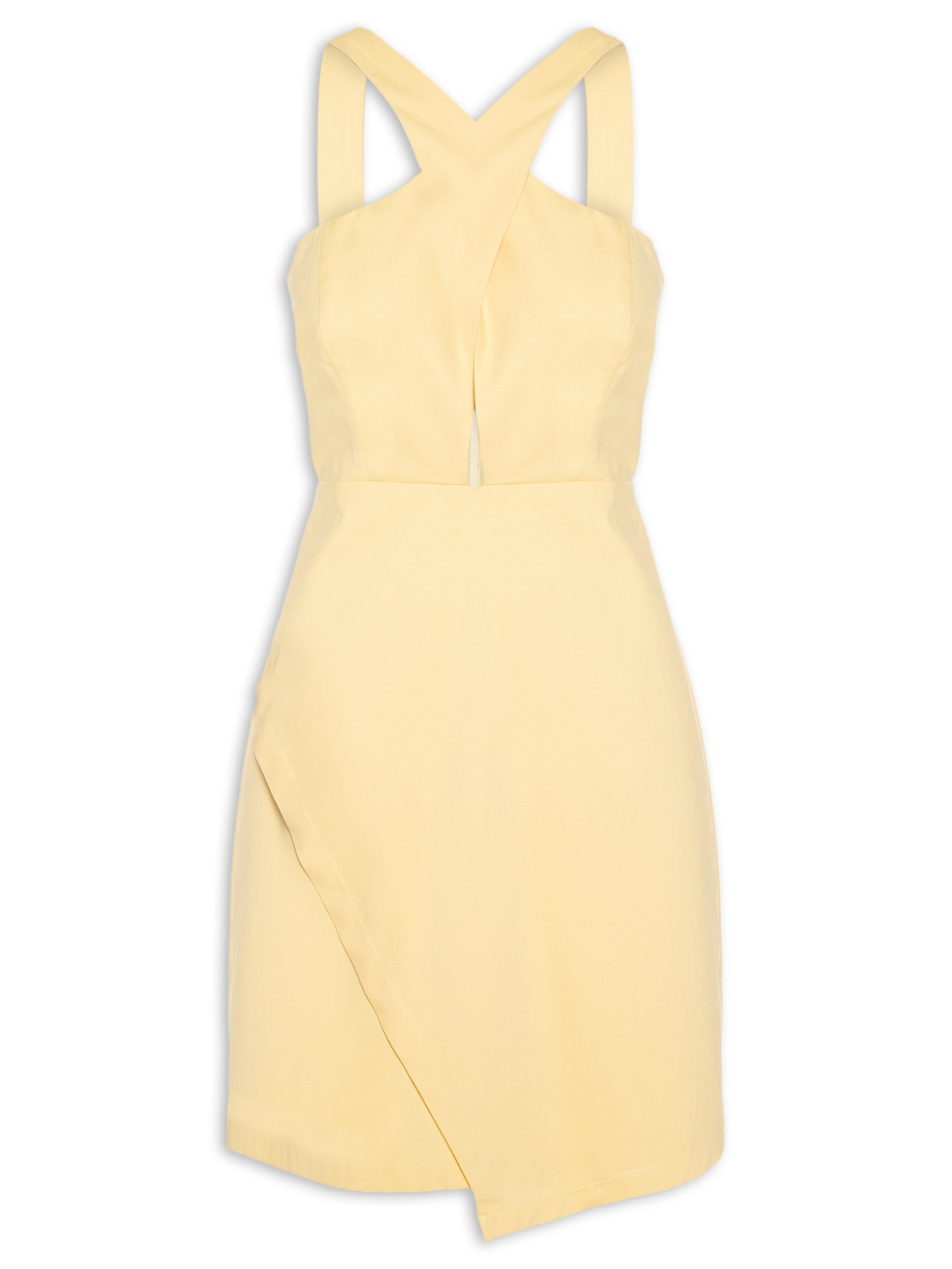 Vestido Curto Decote Cruzado Liso Amarelo Cacay