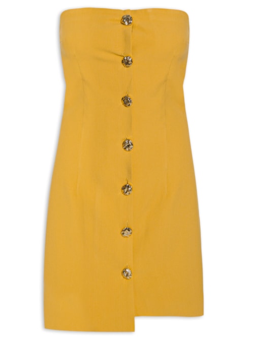 Vestido Curto Decote Reto Em Crepe Transpasse - Amarelo