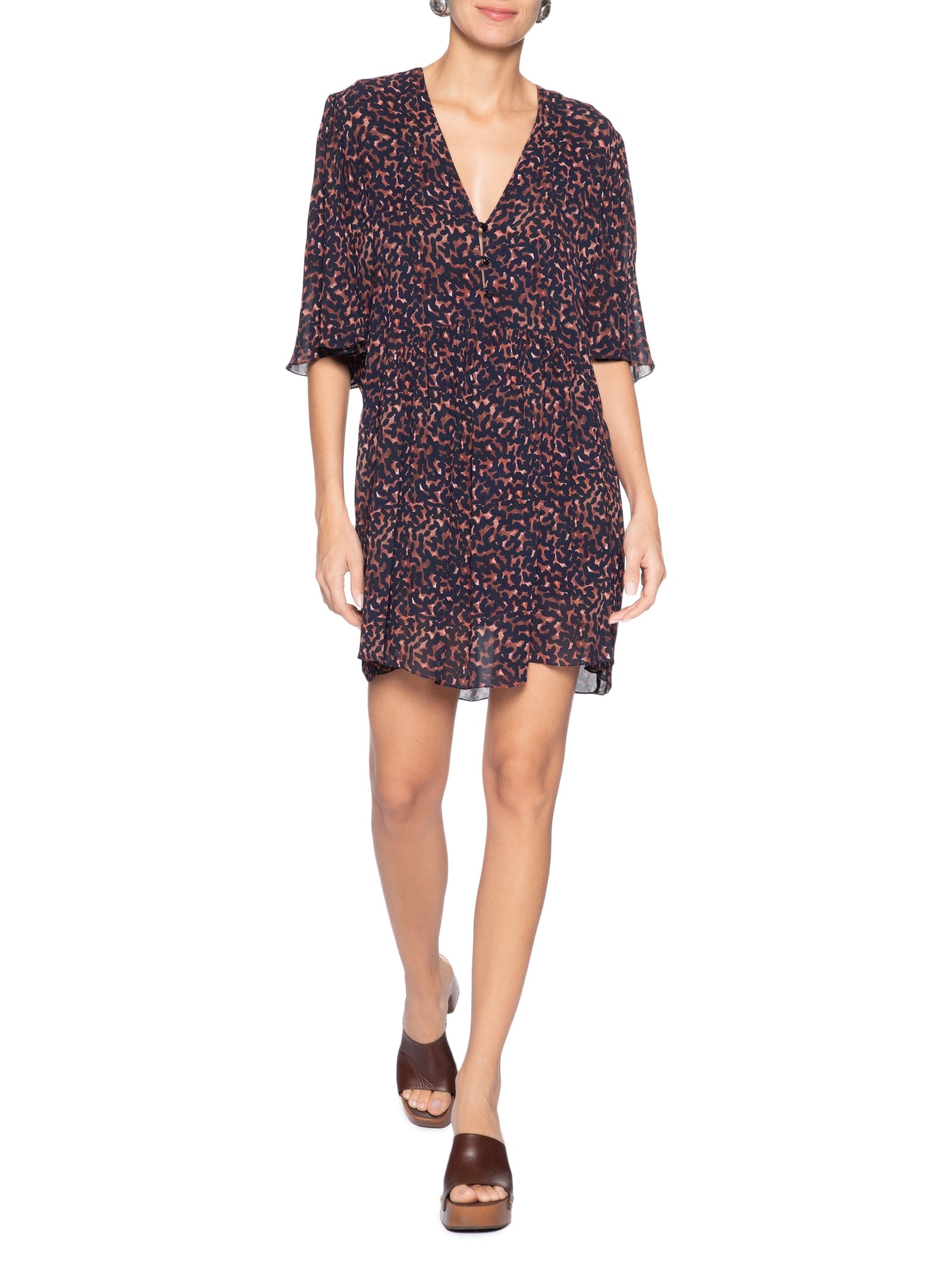 Vestido Curto Decote V Estampado – Marrom Animale