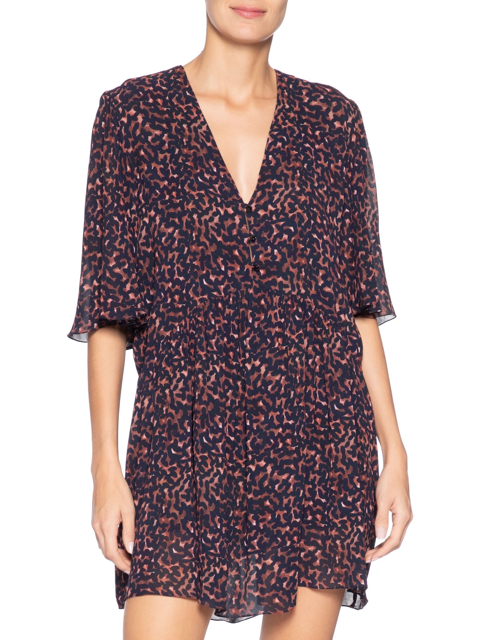 Vestido Curto Decote V Estampado – Marrom Animale