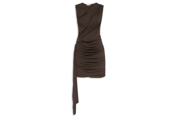 Vestido Curto Drapeado Assimétrico - Marrom