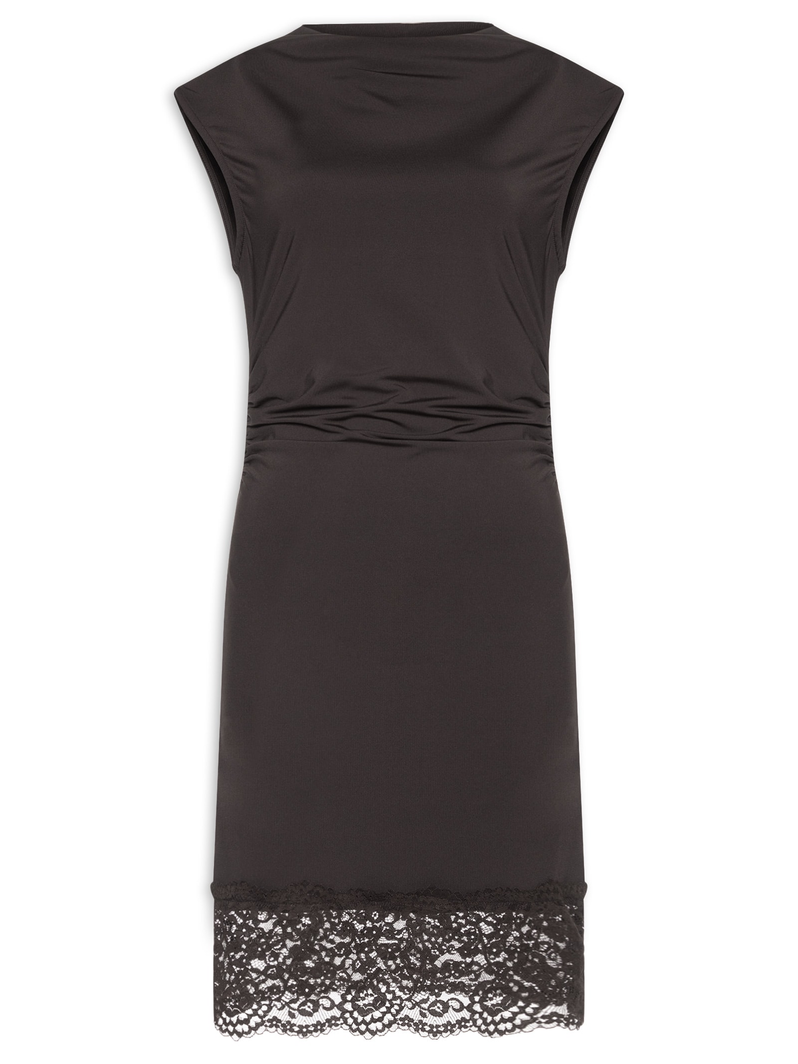 Vestido Curto Drapeado Com Barra De Renda Marrom Market 33