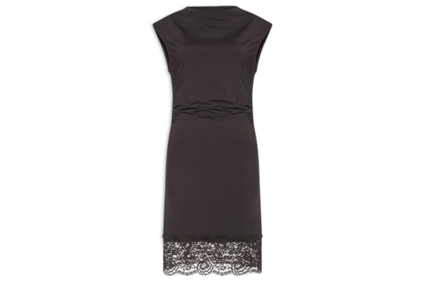 Vestido Curto Drapeado Com Barra De Renda - Marrom