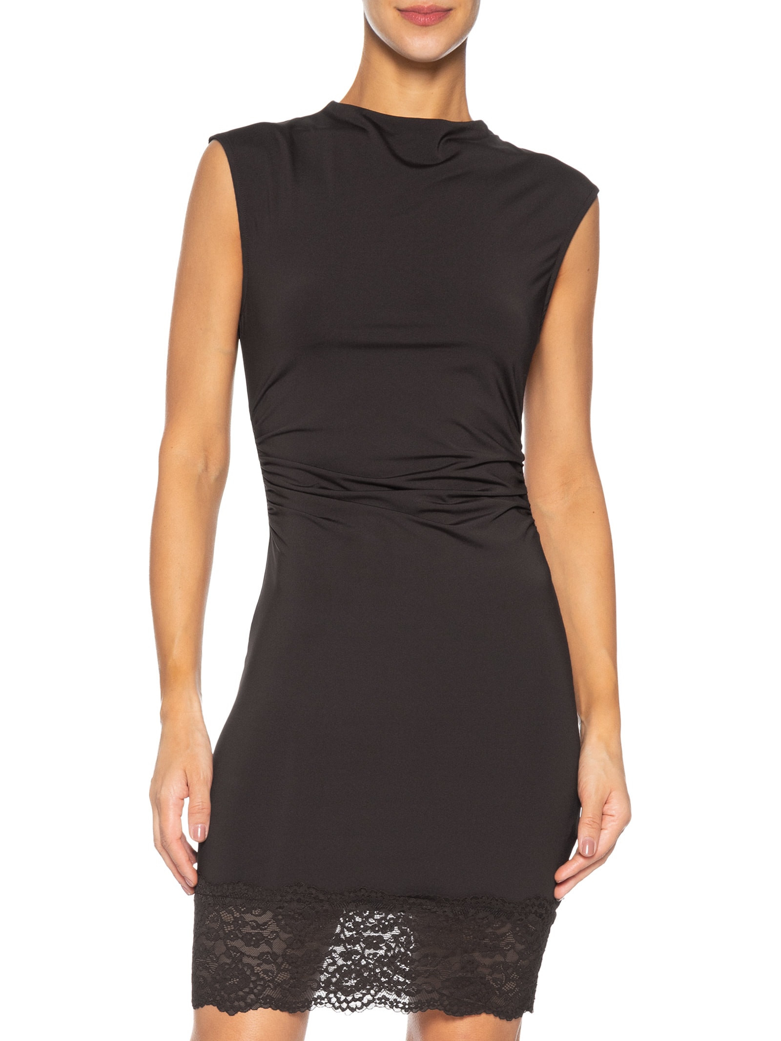 Vestido Curto Drapeado Com Barra De Renda Marrom Market 33