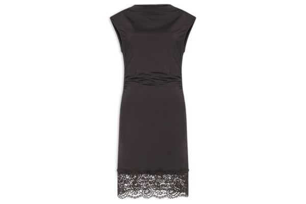 Vestido Curto Drapeado Com Barra De Renda - Marrom
