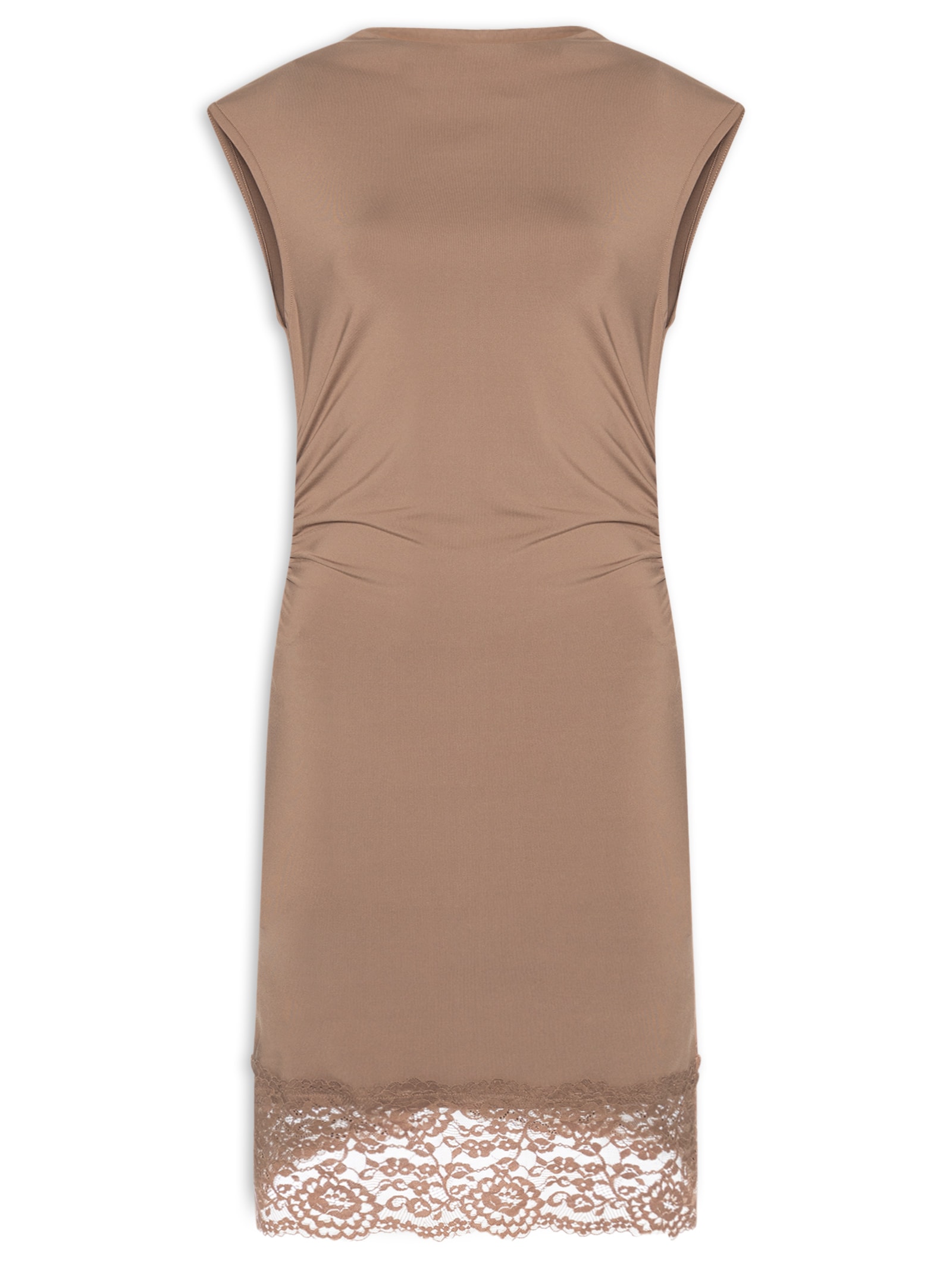 Vestido Curto Drapeado Com Barra De Renda Marrom Market 33