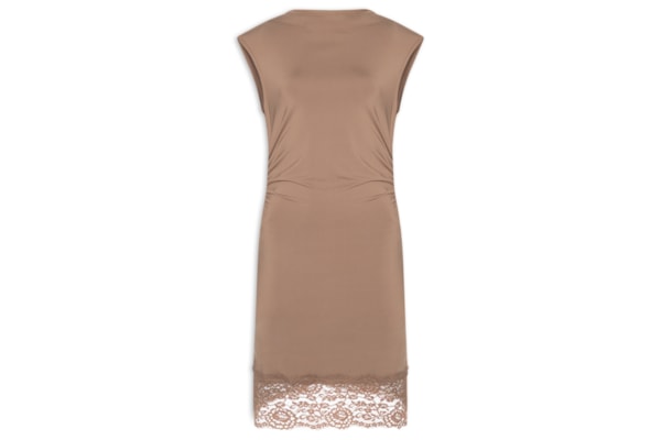 Vestido Curto Drapeado Com Barra De Renda - Marrom