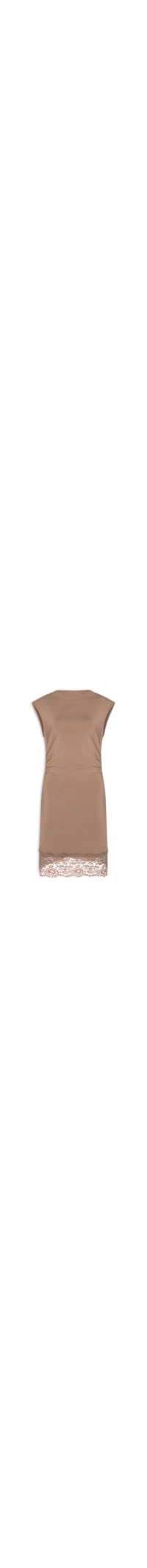 Vestido Curto Drapeado Com Barra De Renda - Marrom