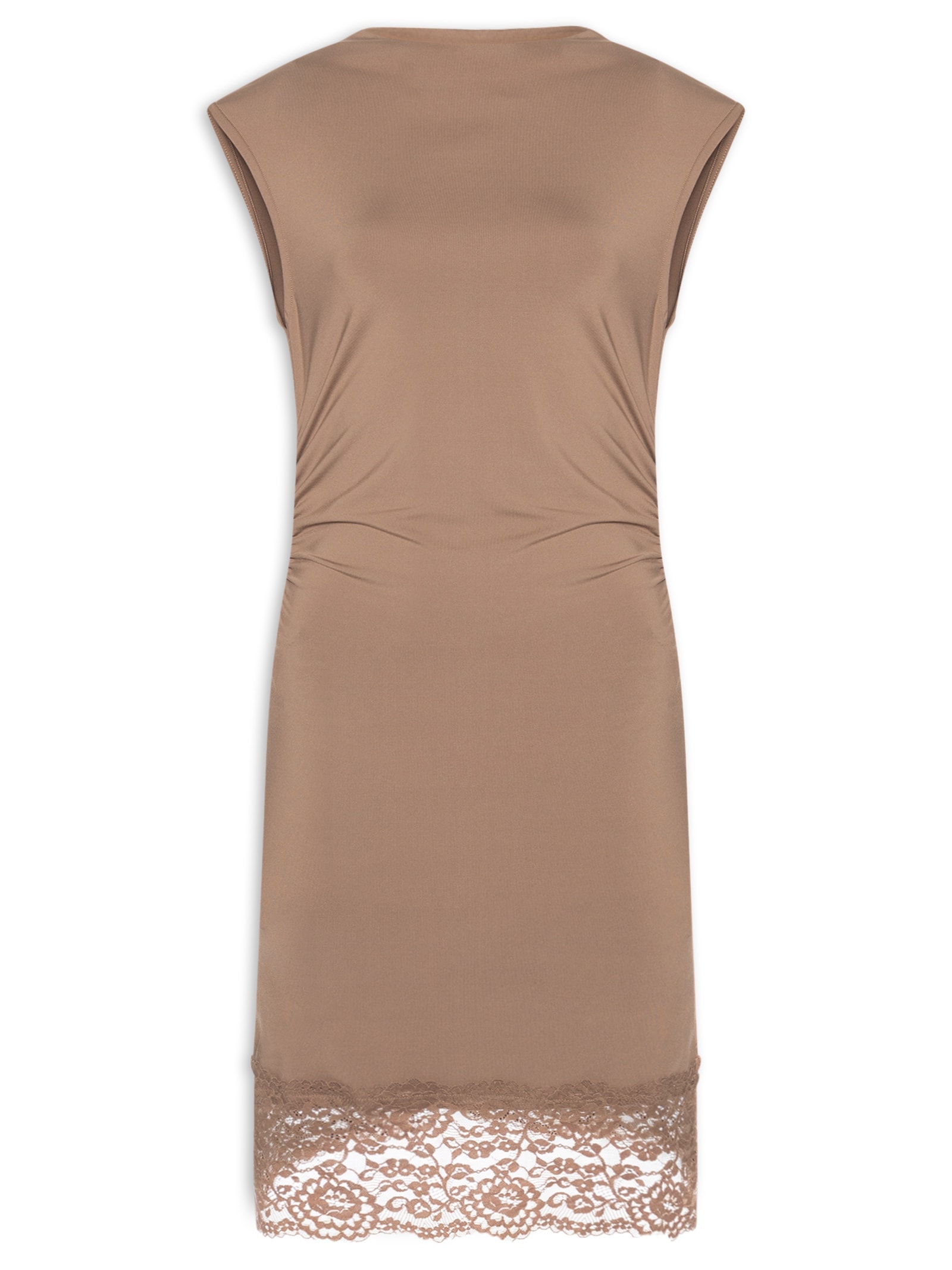 Vestido Curto Drapeado Com Barra De Renda Marrom Market 33