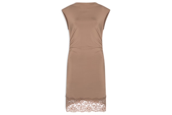 Vestido Curto Drapeado Com Barra De Renda - Marrom
