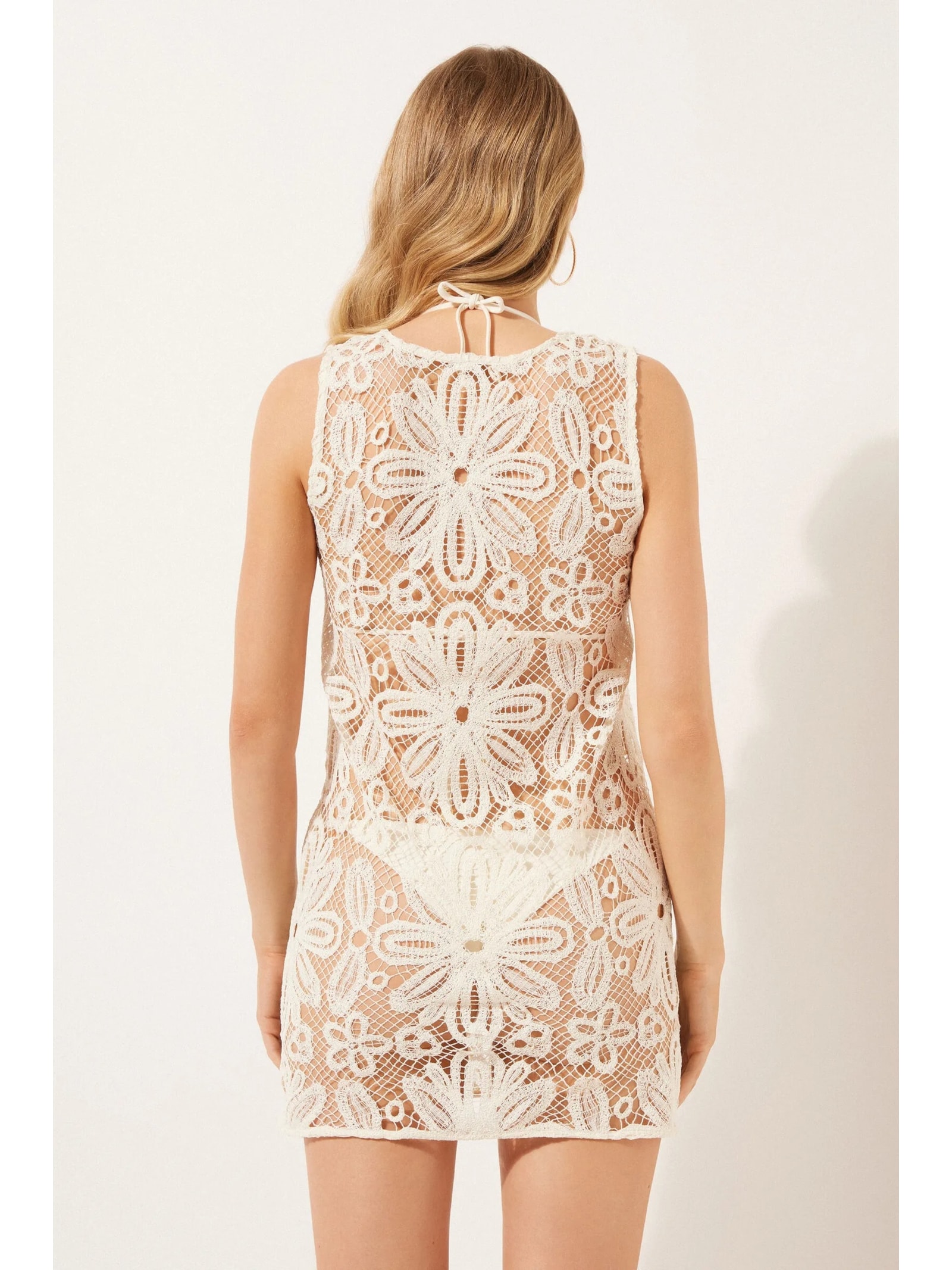 Vestido Curto Em Crochê Floral Off-White Calzedonia