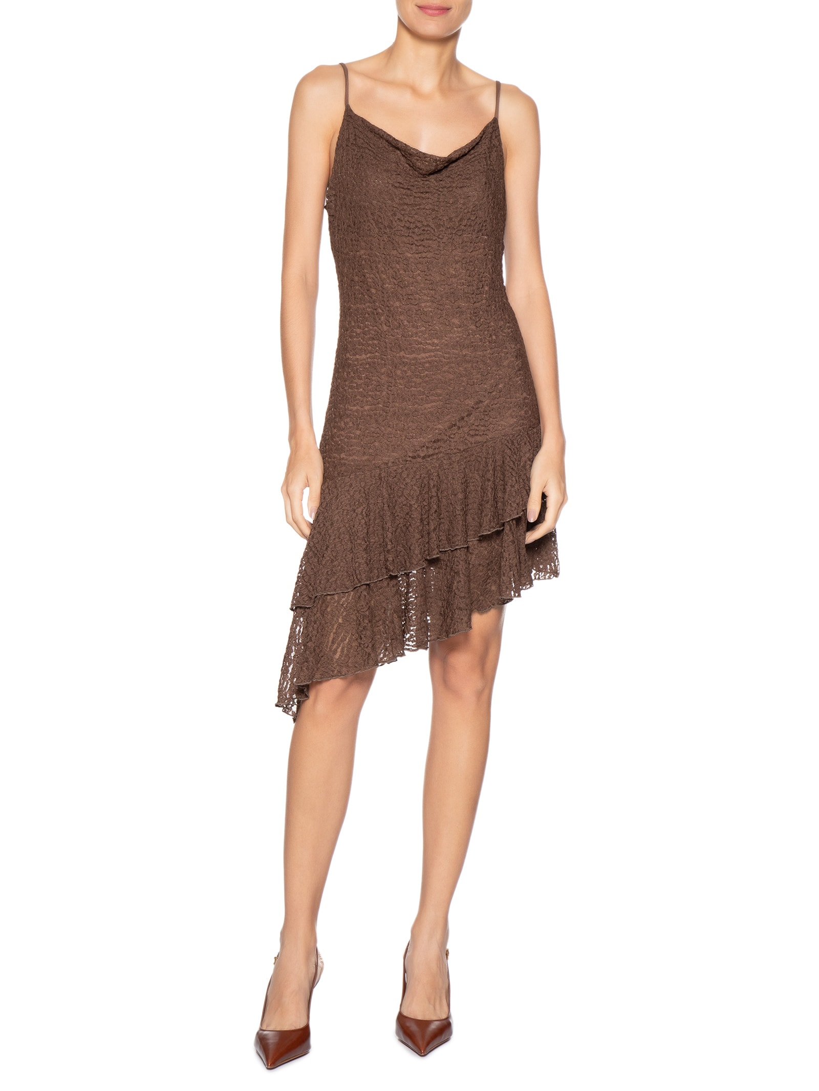 Vestido Curto Em Renda Marrom Market 33