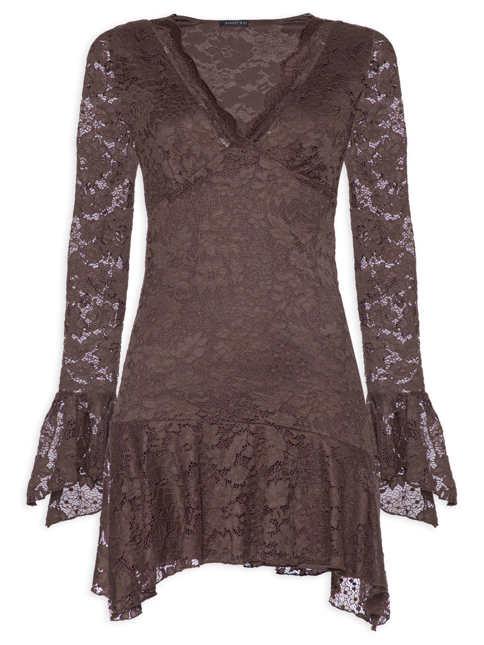 Vestido Curto Em Renda Marrom Market 33