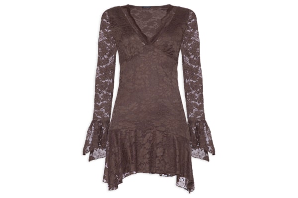 Vestido Curto Em Renda - Marrom