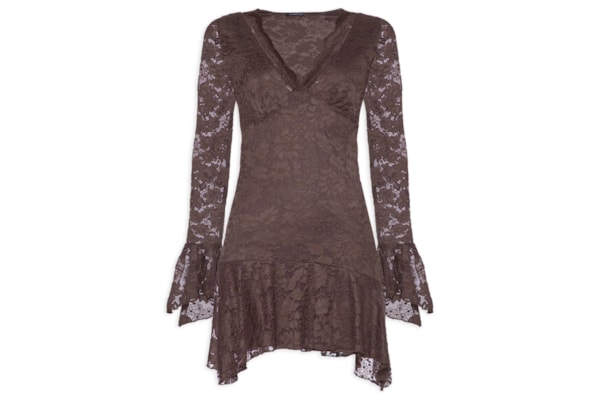 Vestido Curto Em Renda - Marrom