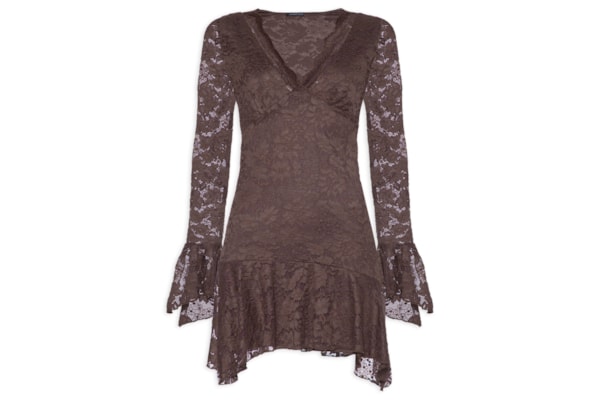Vestido Curto Em Renda - Marrom