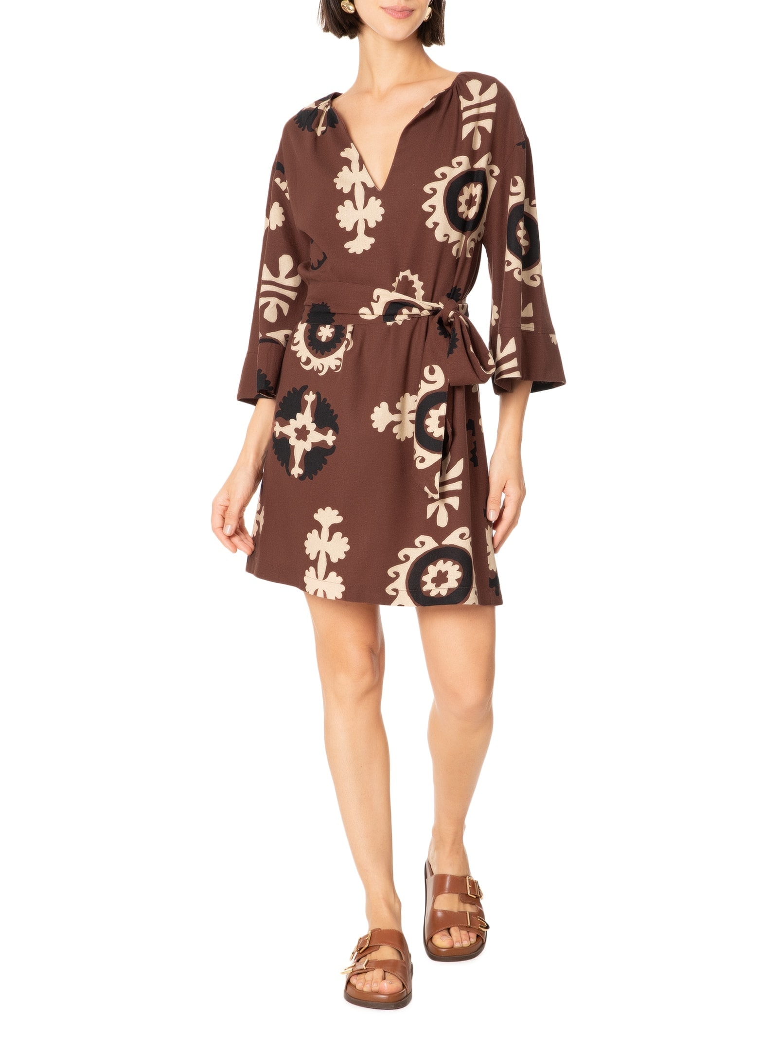 Vestido Curto Estampa Romani Marrom Cantão