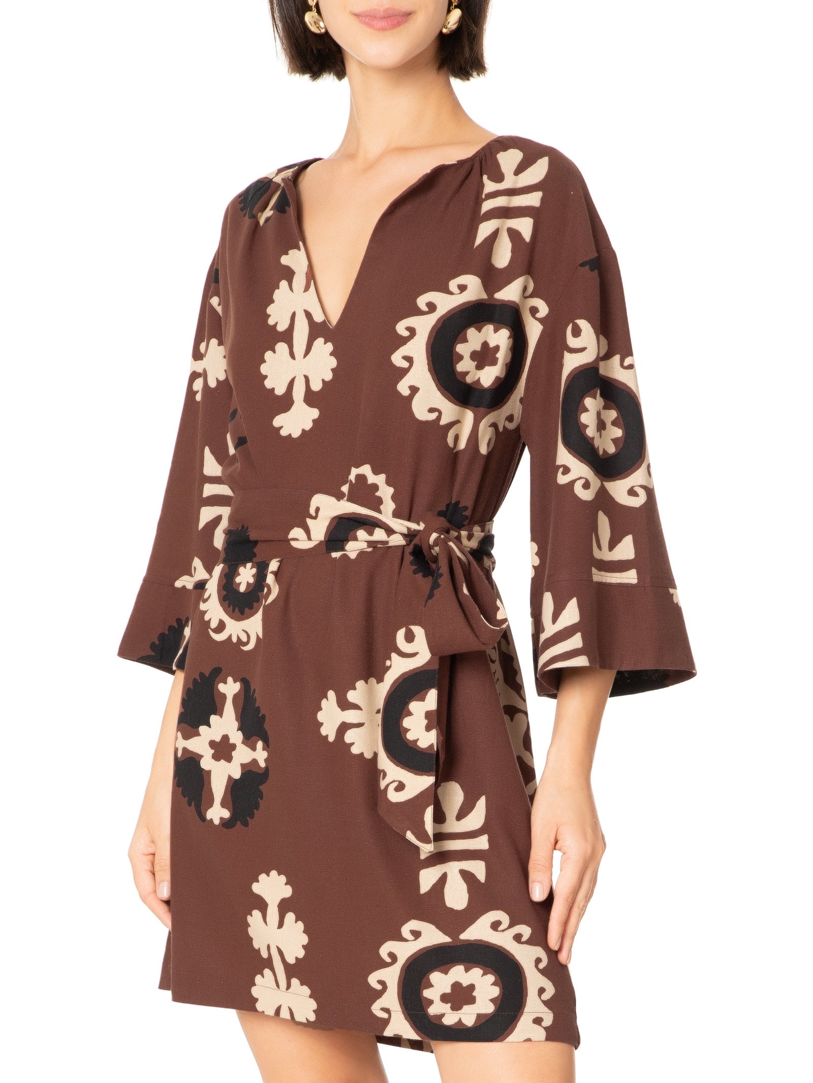Vestido Curto Estampa Romani Marrom Cantão