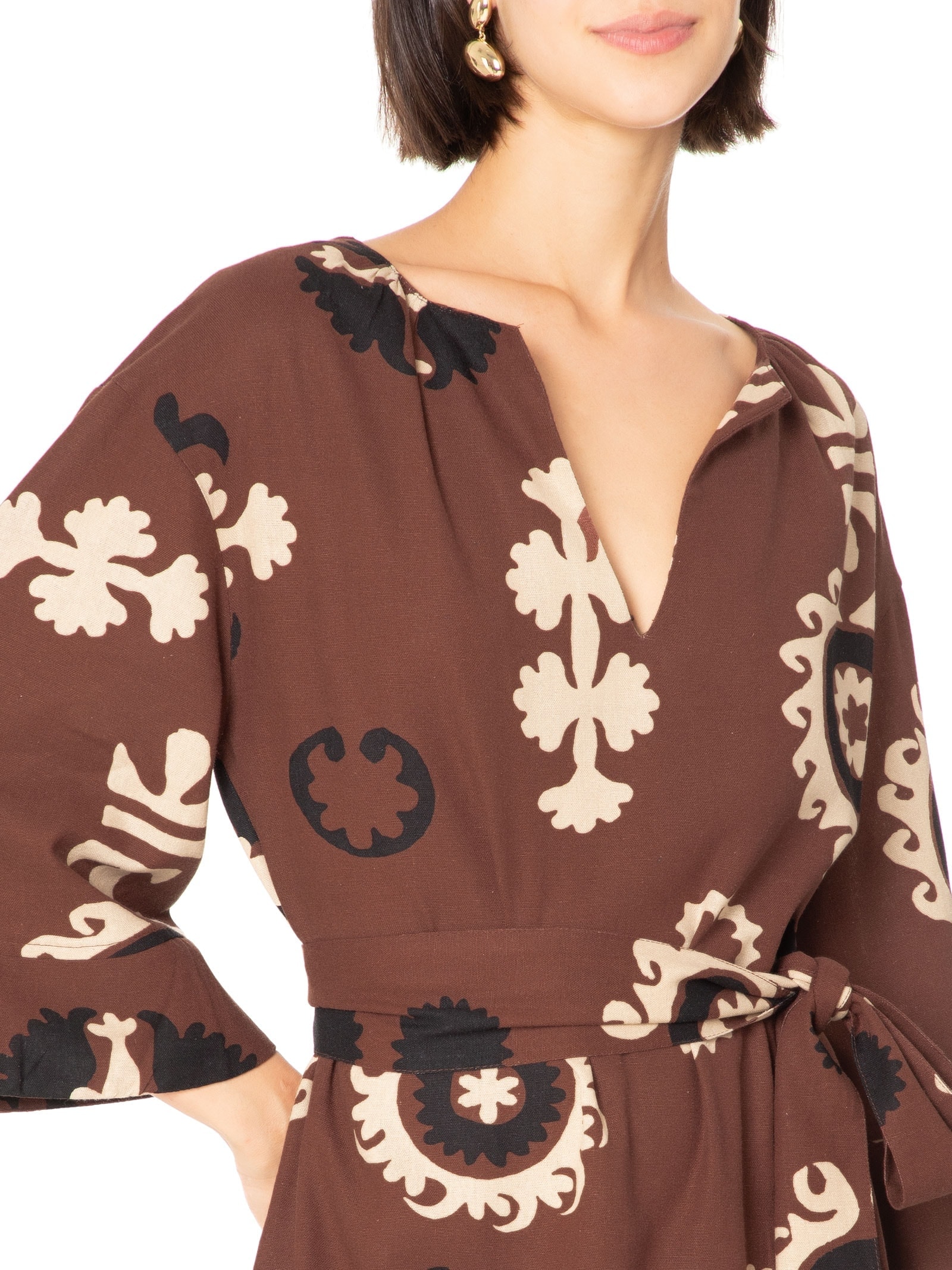 Vestido Curto Estampa Romani Marrom Cantão