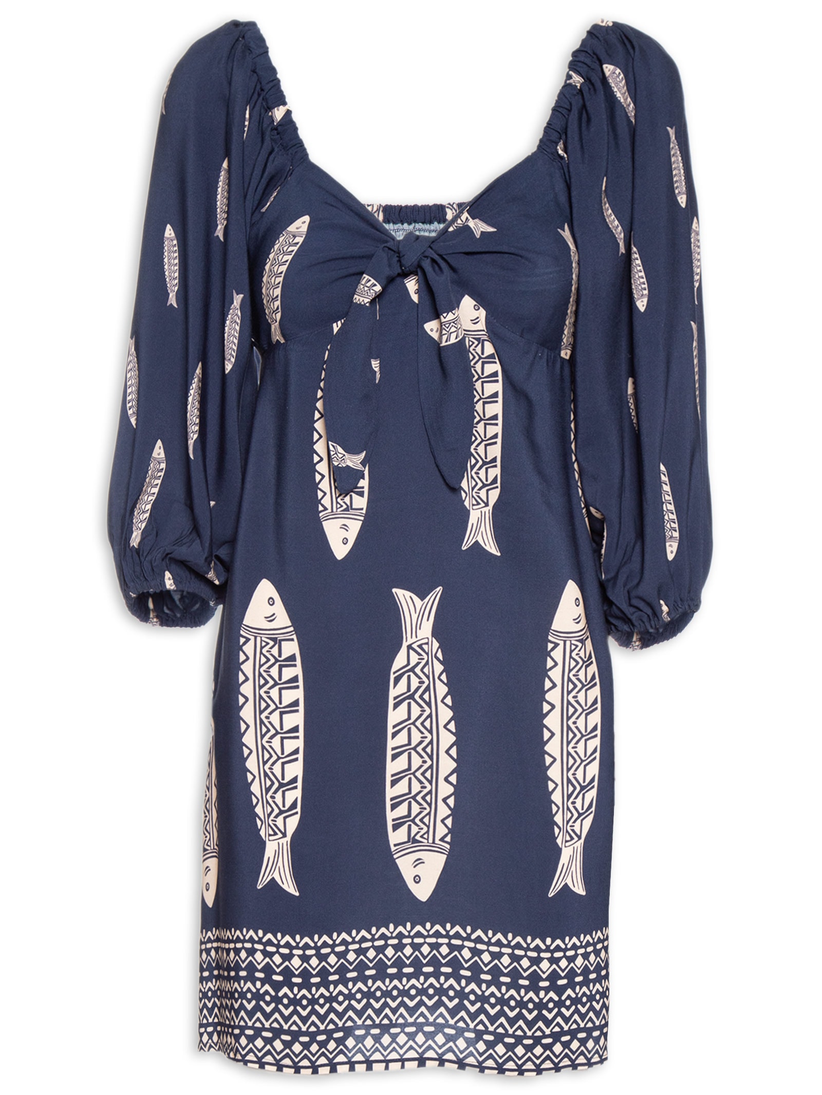 Vestido Curto Estampado Amarração Frontal – Azul Cacay