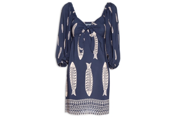 Vestido Curto Estampado Amarração Frontal – Azul
