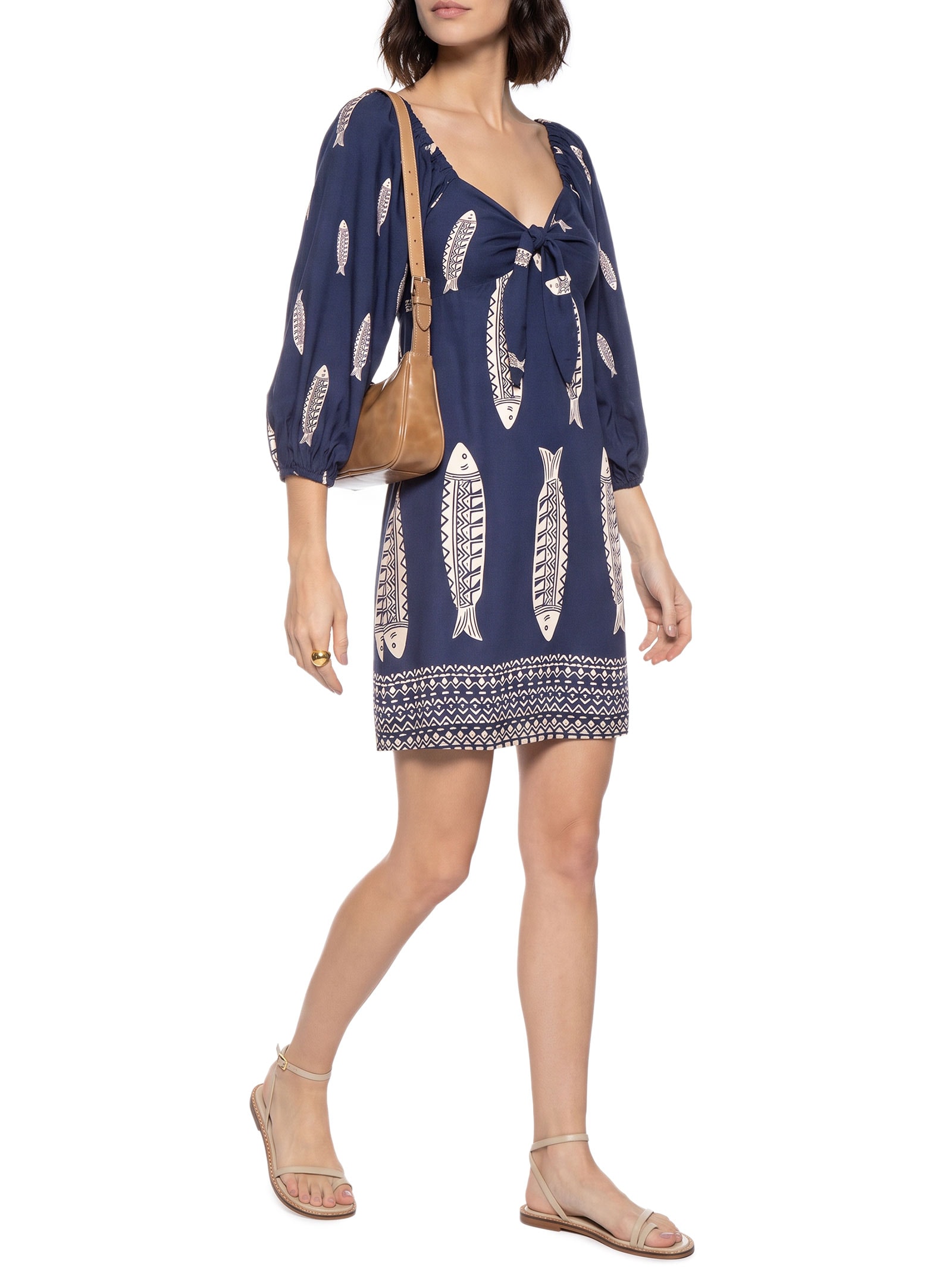 Vestido Curto Estampado Amarração Frontal – Azul Cacay
