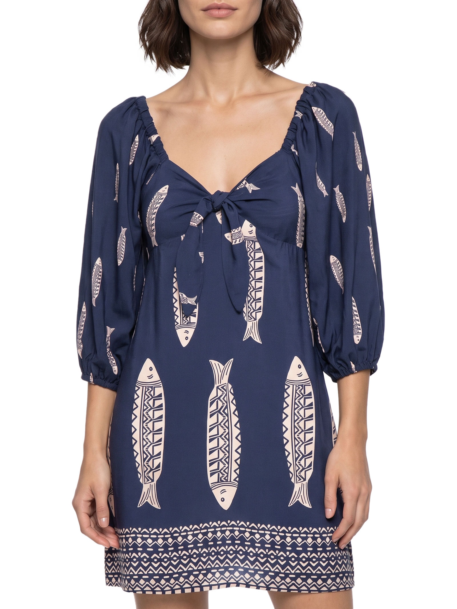 Vestido Curto Estampado Amarração Frontal – Azul Cacay