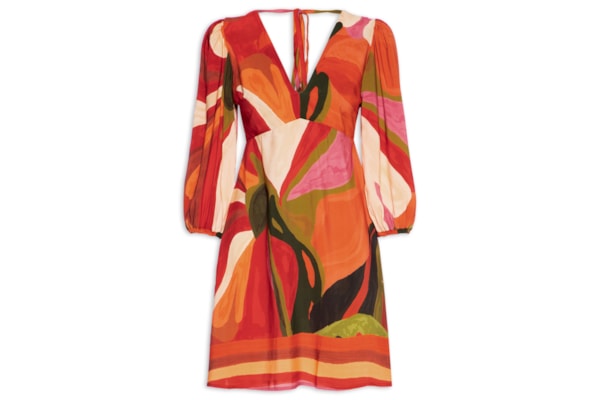 Vestido Curto Estampado Manga Bufante - Laranja
