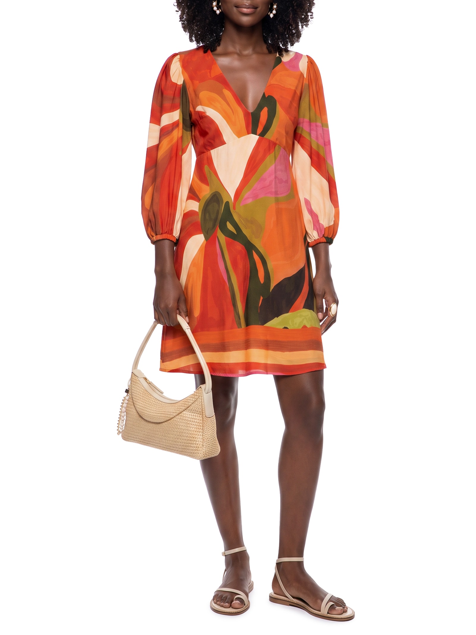 Vestido Curto Estampado Manga Bufante Laranja Cacay