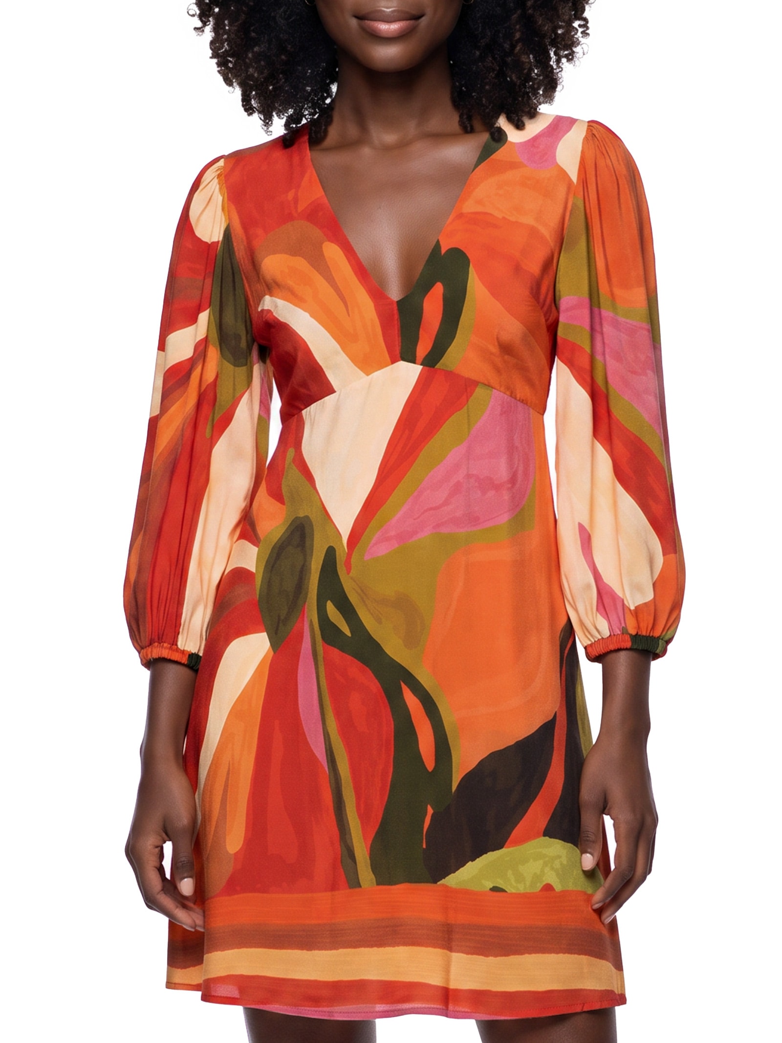Vestido Curto Estampado Manga Bufante Laranja Cacay