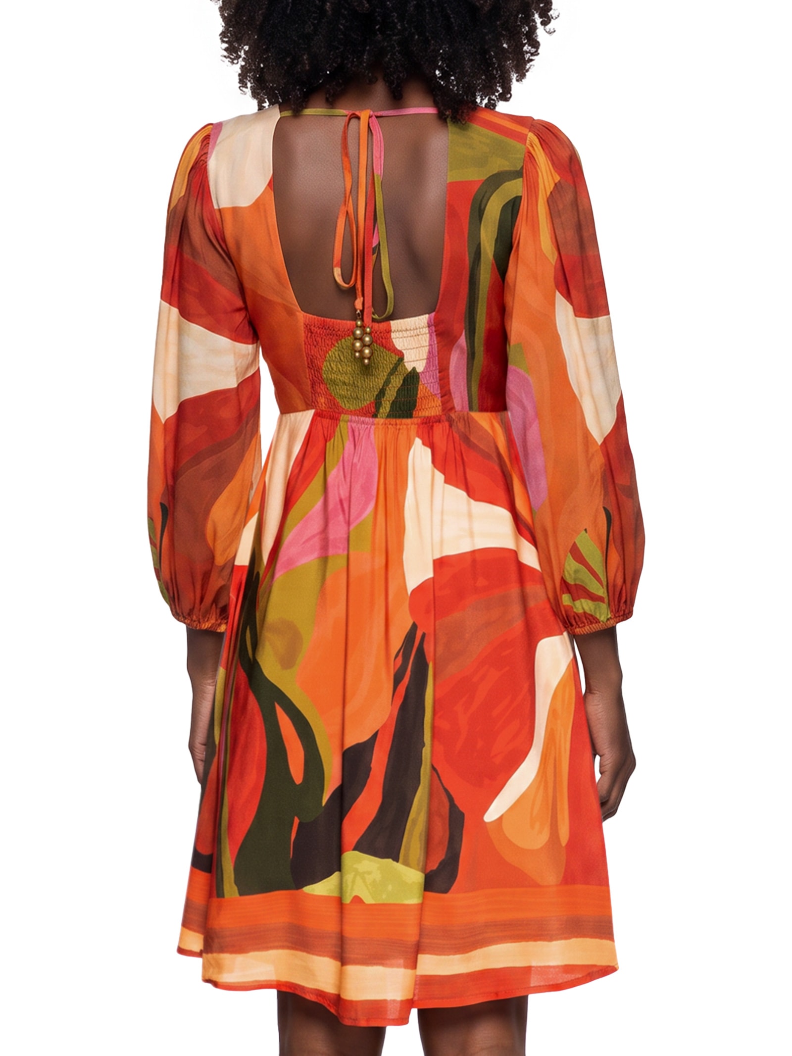 Vestido Curto Estampado Manga Bufante Laranja Cacay