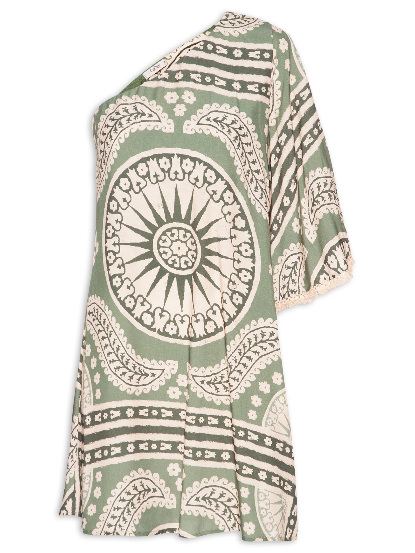 Vestido Curto Estampado Manga Franja Verde Cacay