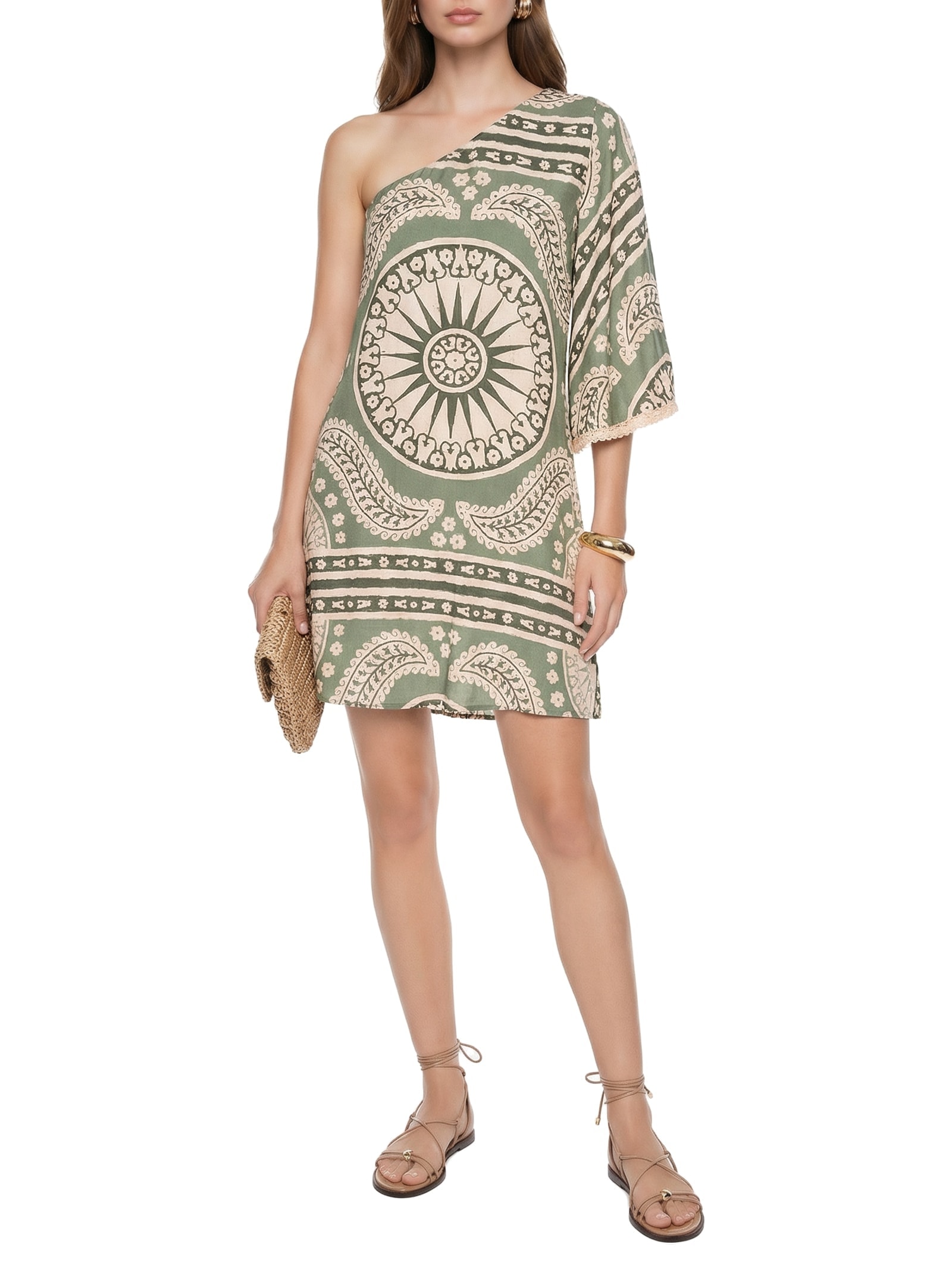 Vestido Curto Estampado Manga Franja Verde Cacay