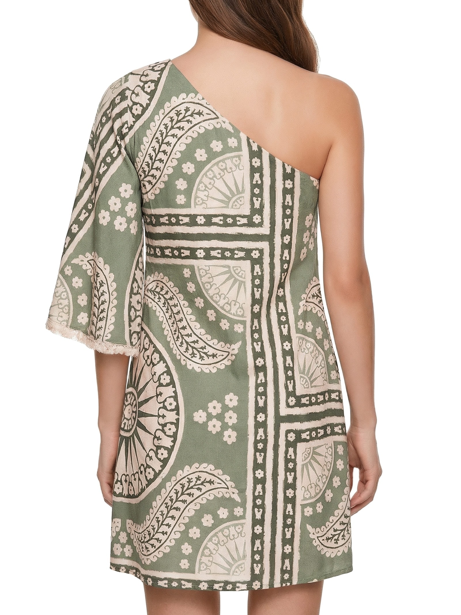 Vestido Curto Estampado Manga Franja Verde Cacay