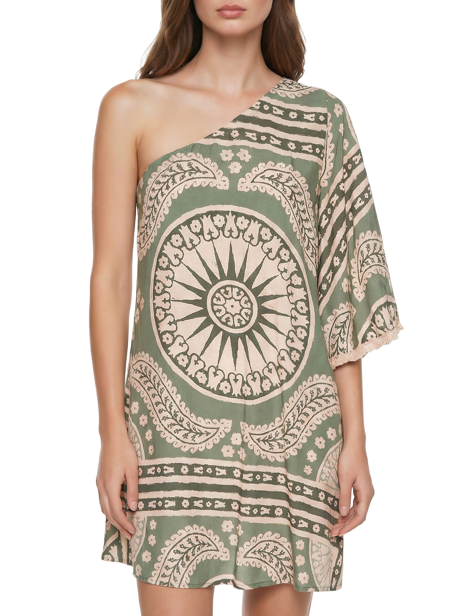 Vestido Curto Estampado Manga Franja Verde Cacay