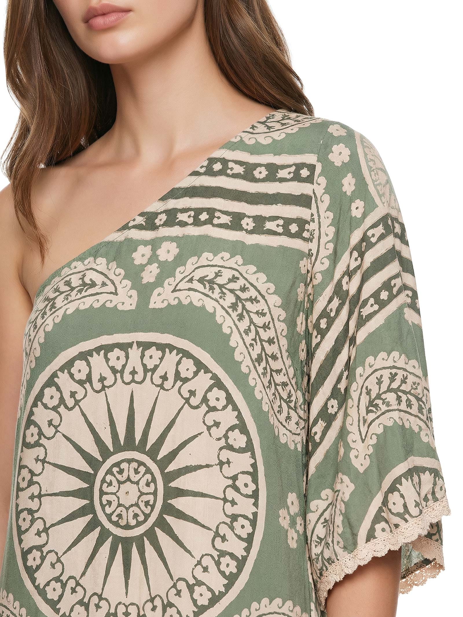 Vestido Curto Estampado Manga Franja Verde Cacay