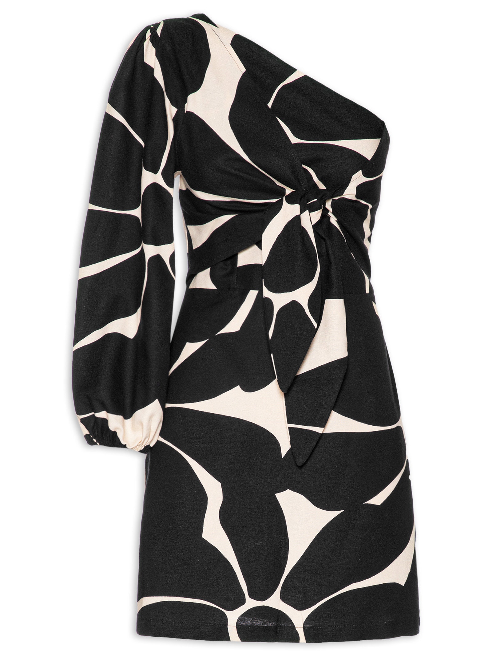 Vestido Curto Estampado Ombro Amarração Preto Cacay