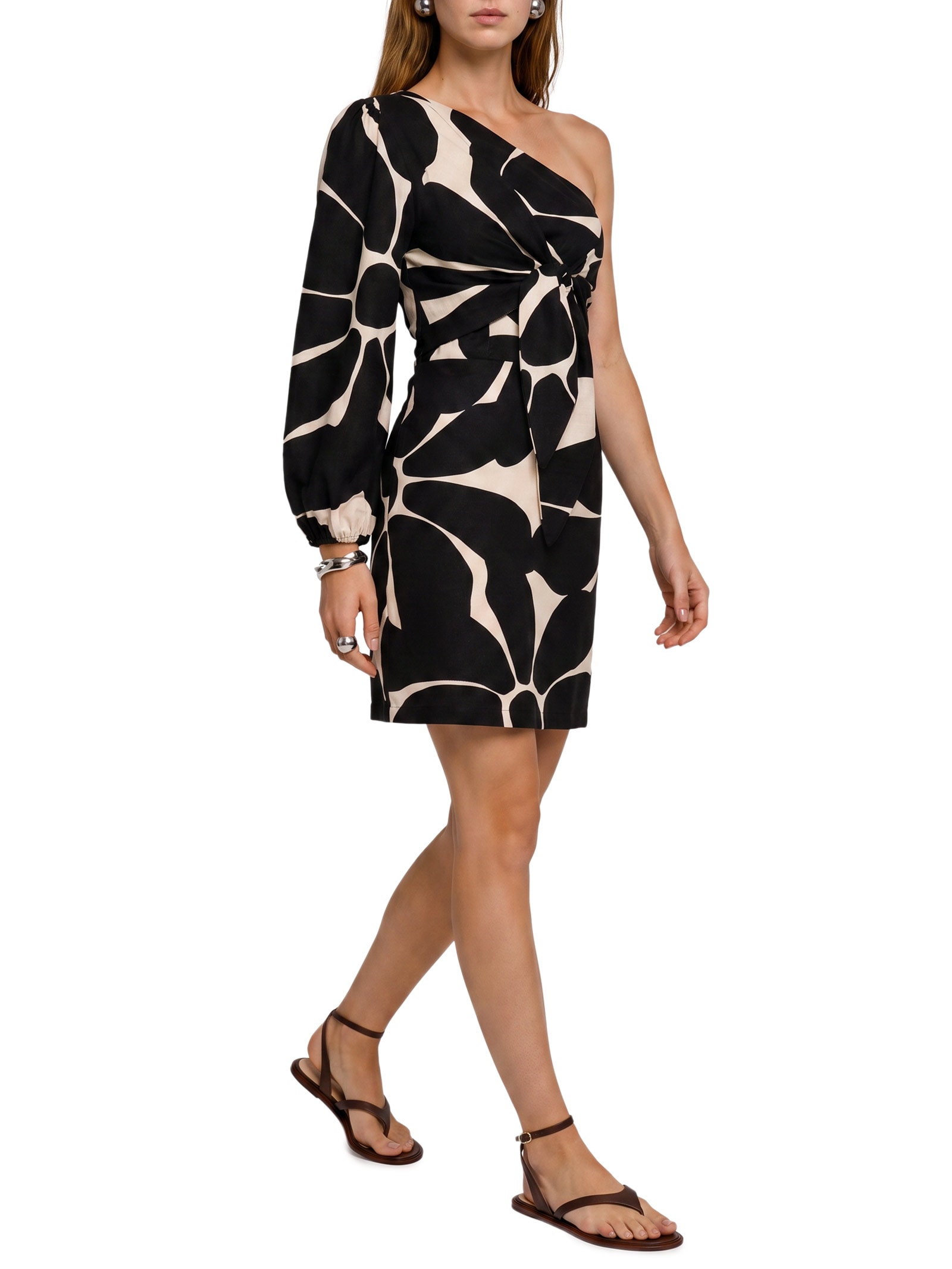 Vestido Curto Estampado Ombro Amarração Preto Cacay