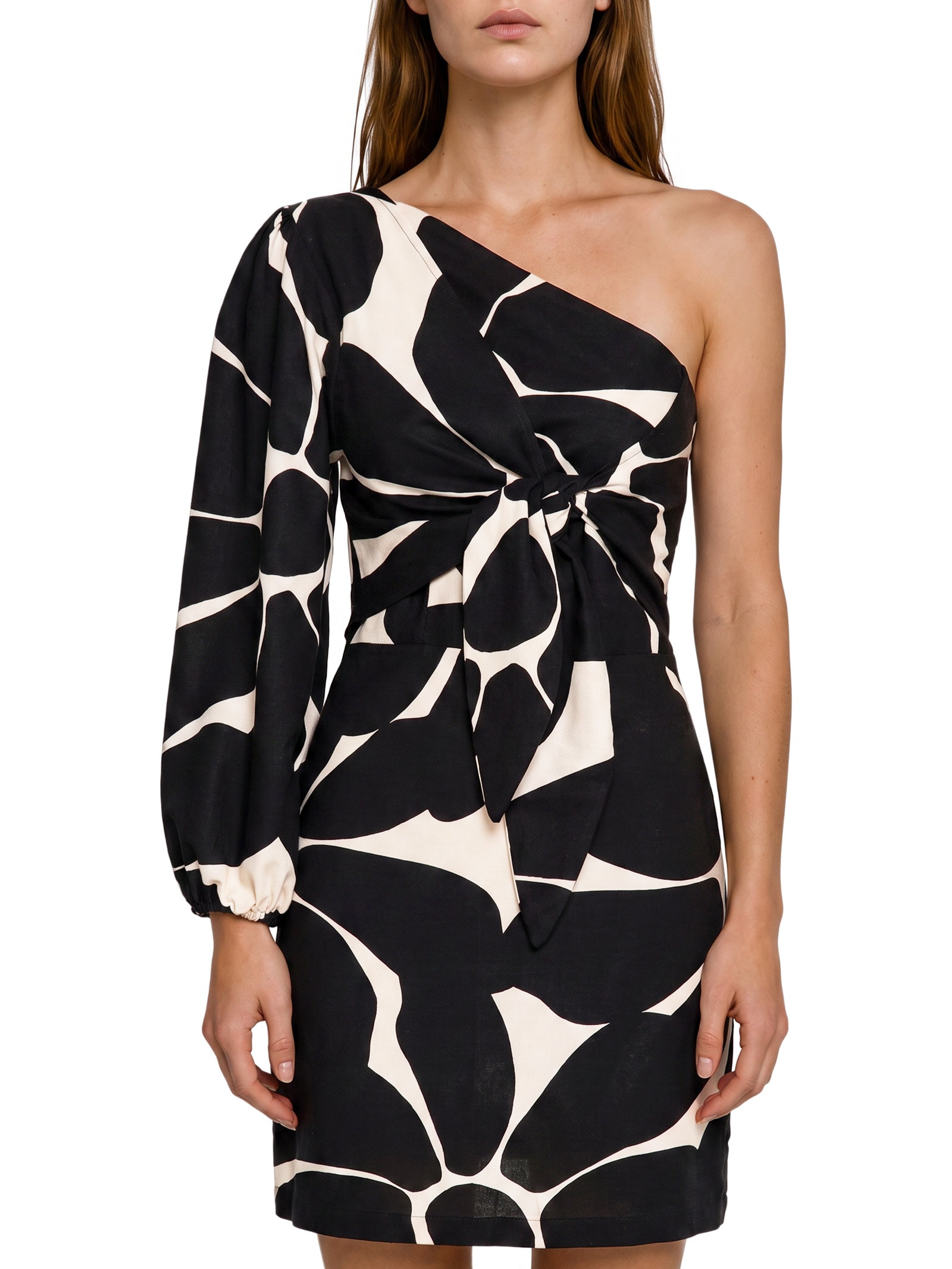 Vestido Curto Estampado Ombro Amarração Preto Cacay