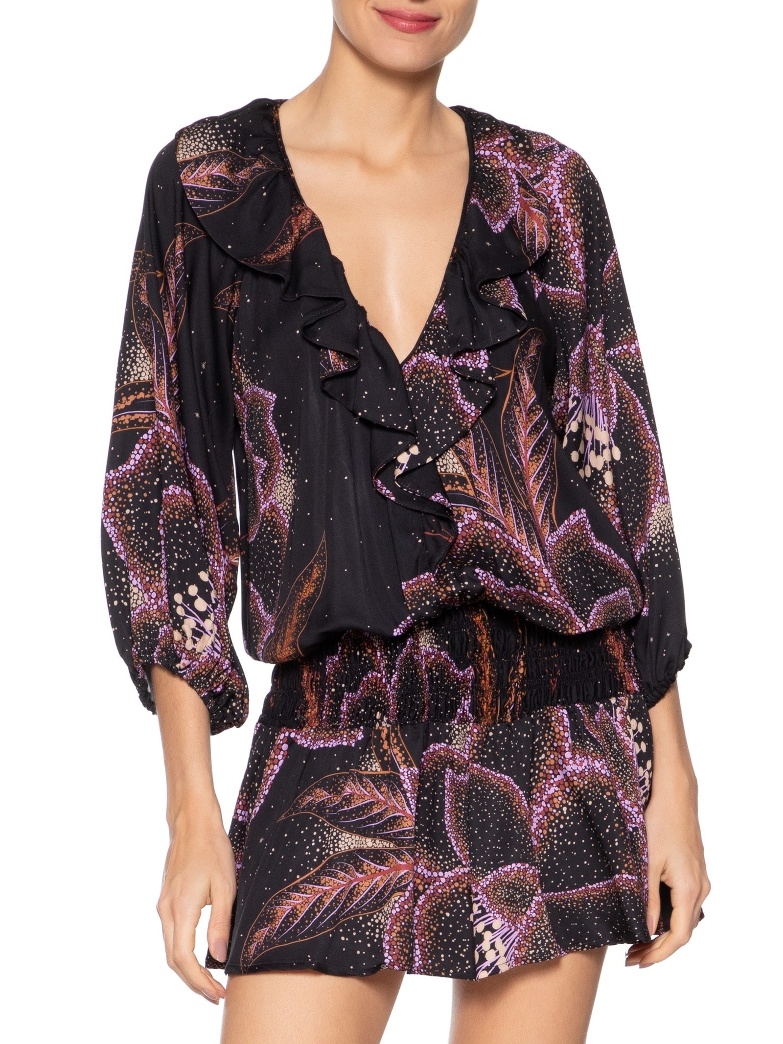 Vestido Curto Floral Estela Preto Farm