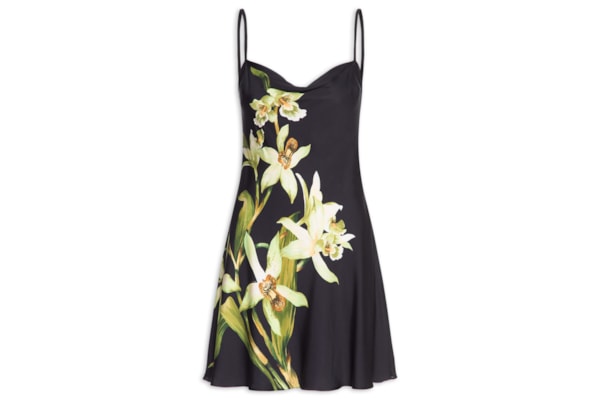 Vestido Curto Floral Orquídea - Preto