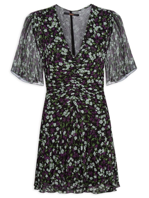 Vestido Curto Franzido Floral Jardim – Preto